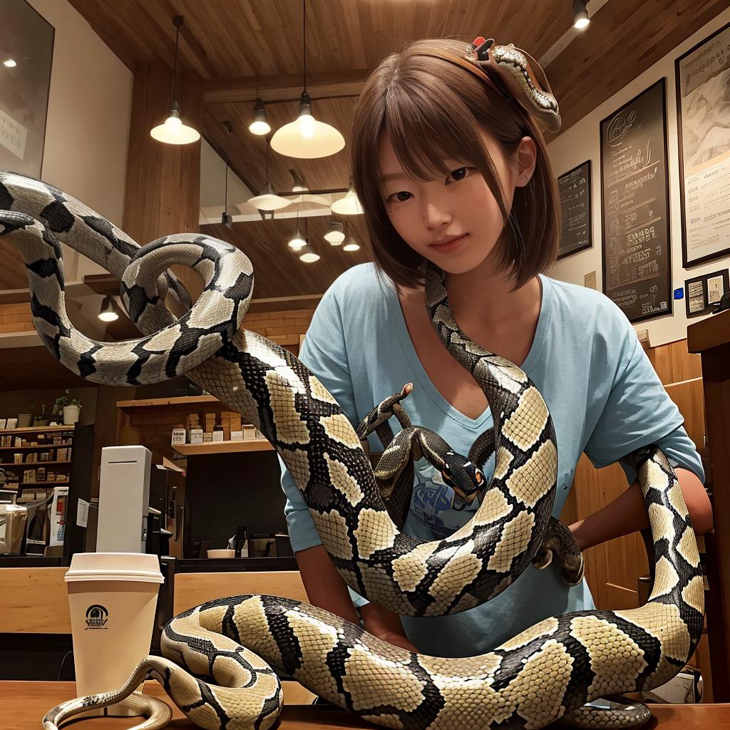  Masterpiece, best quality, In a coffee shop, we see a mixture of a cockroach and a snake humanoid beauty. The environment is a well-lit coffee shop, very delicate.