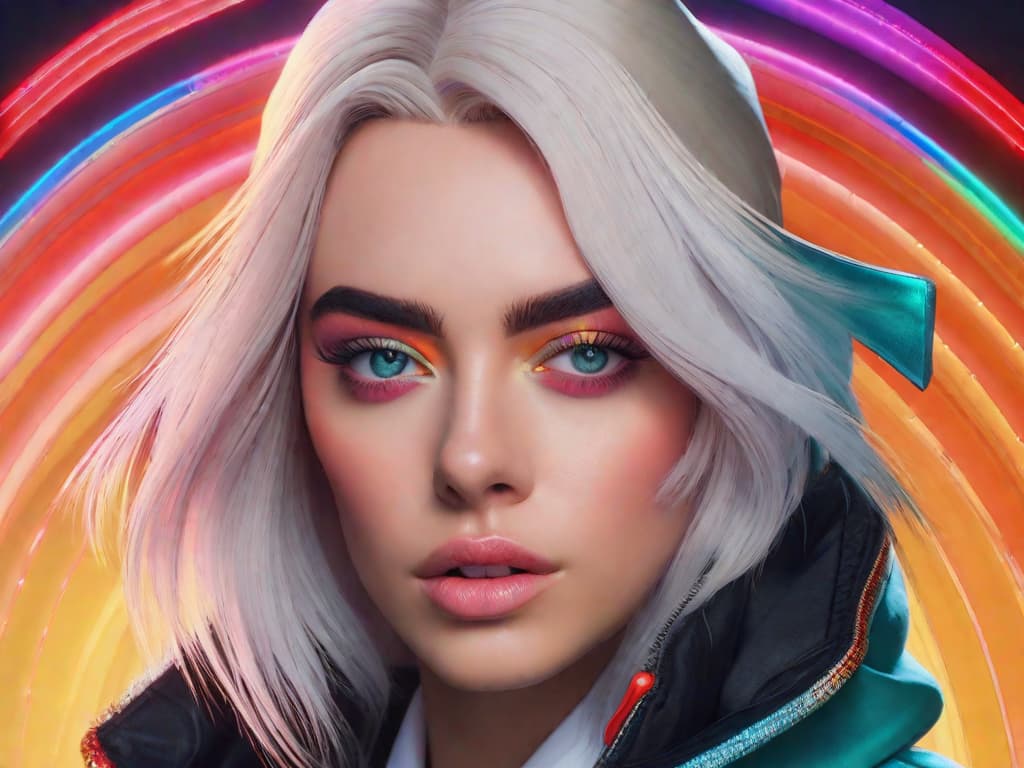  An image of Billie Eilish in her new outfit for the Fortnite Festival, standing on stage with a microphone in hand. The background is filled with colorful lights and a large crowd of excited fans. Billie's confident expression captures the anticipation for her new song 'CHIHIRO'.digital art, ilustration hyperrealistic, full body, detailed clothing, highly detailed, cinematic lighting, stunningly beautiful, intricate, sharp focus, f/1. 8, 85mm, (centered image composition), (professionally color graded), ((bright soft diffused light)), volumetric fog, trending on instagram, trending on tumblr, HDR 4K, 8K