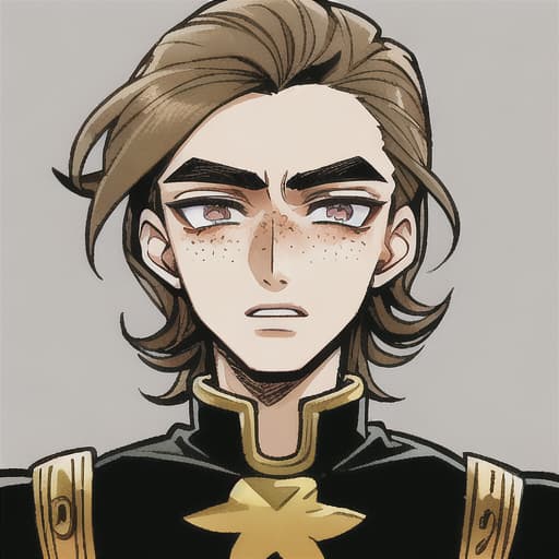  20 year old boy, with middle part style hair of medium long length, cream skin color skin, chocolate eyes, with few freckles in the nose area, slightly profiled nose influenced by JoJos art style