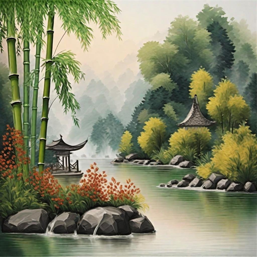  masterpiece, best quality, painting a landscape painting with bamboo and lake