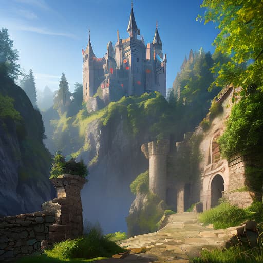  castle landscape and surrounding area hyperrealistic, full body, detailed clothing, highly detailed, cinematic lighting, stunningly beautiful, intricate, sharp focus, f/1. 8, 85mm, (centered image composition), (professionally color graded), ((bright soft diffused light)), volumetric fog, trending on instagram, trending on tumblr, HDR 4K, 8K