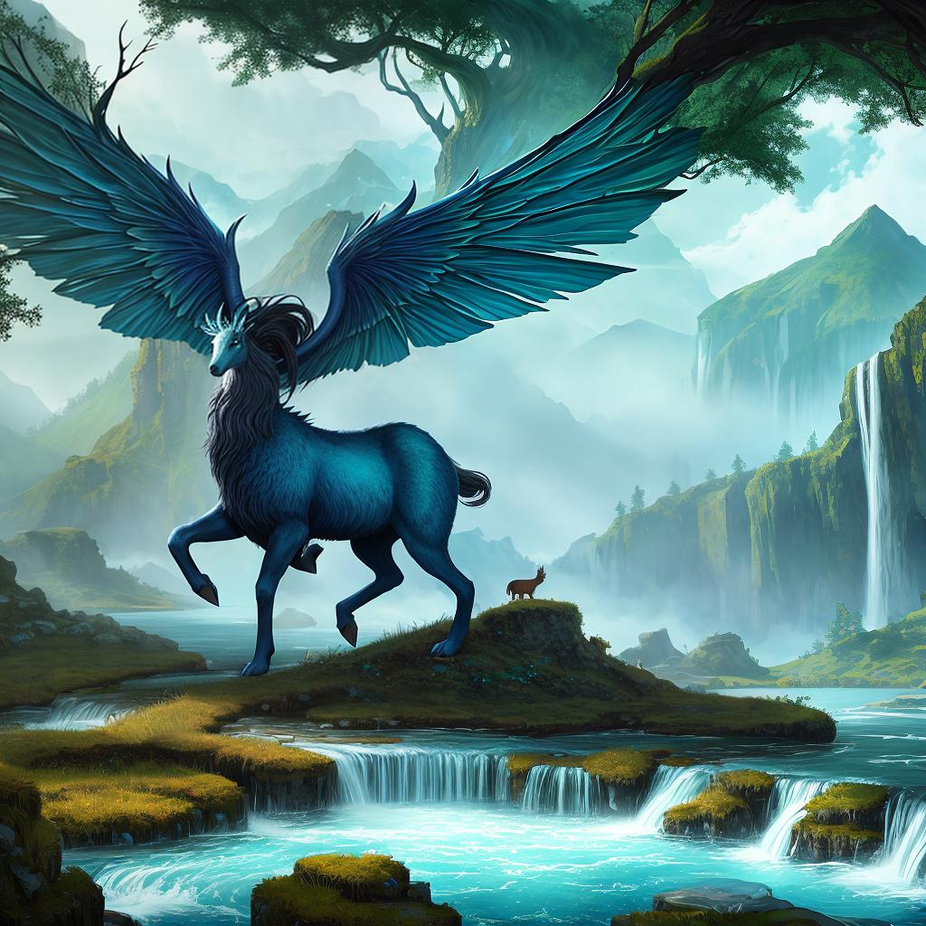  in a fantasy setting, Paint a surreal landscape where mythical beasts roam amidst cascading waterfalls.