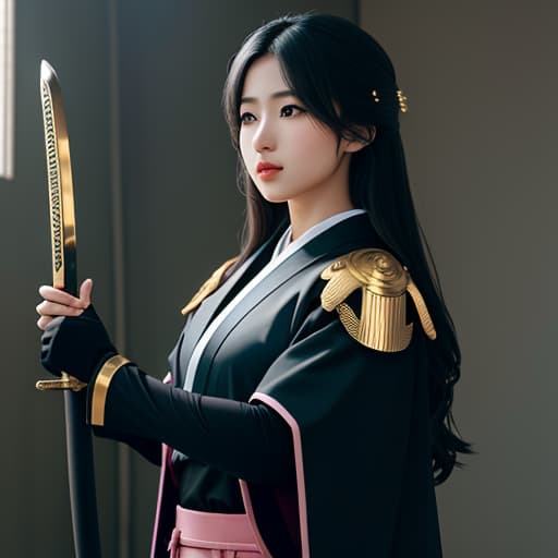  A Christian Holy paladin beautiful girl magical samurai uses katana loves God with her heart, her favorite colors are black, gold and pink, she golden rays come from her body ful body she reads her Bible , hyperrealistic, high quality, highly detailed, cinematic lighting, intricate, sharp focus, f/1. 8, 85mm, (centered image composition), (professionally color graded), ((bright soft diffused light)), volumetric fog, trending on instagram, HDR 4K, 8K