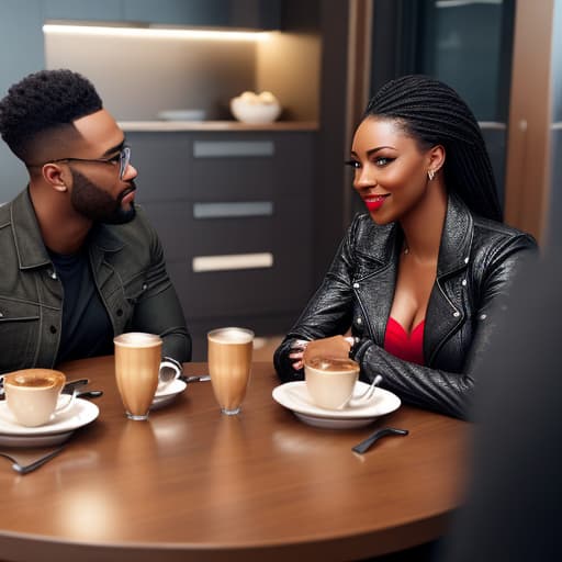  (black people sitting at table having coffee), photorealistic, highly detailed, 4k, high quality hyperrealistic, full body, detailed clothing, highly detailed, cinematic lighting, stunningly beautiful, intricate, sharp focus, f/1. 8, 85mm, (centered image composition), (professionally color graded), ((bright soft diffused light)), volumetric fog, trending on instagram, trending on tumblr, HDR 4K, 8K