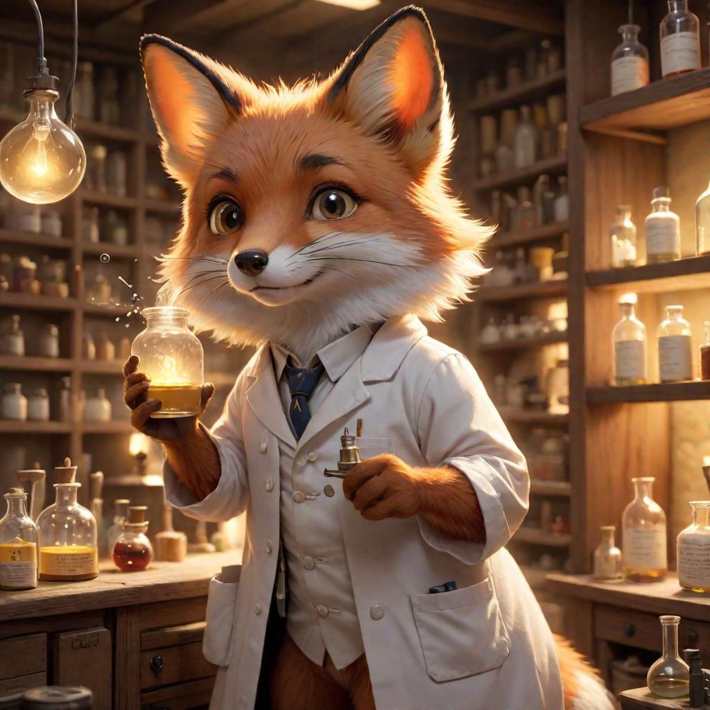  close up, fox Cheeseville, Soft Alchemical Glow, Curious and Inquisitive, Tiny and Nimble, Whiskers and Bright Eyes, Scientific Lab Coat with a Pocket Protector, Alchemical Laboratory with Potion filled Shelves, Chemist and Alchemist in the Mouse Lab