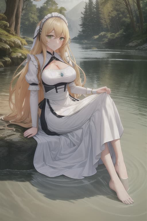  (score 9,score 8 up,score 7 up,),1girl,solo,maid,maid headdress,looking at viewer,outdoor,lake,apron,blonde hair,indoors,green eyes,bare foot,two feet in the water hyperrealistic, full body, detailed clothing, highly detailed, cinematic lighting, stunningly beautiful, intricate, sharp focus, f/1. 8, 85mm, (centered image composition), (professionally color graded), ((bright soft diffused light)), volumetric fog, trending on instagram, trending on tumblr, HDR 4K, 8K