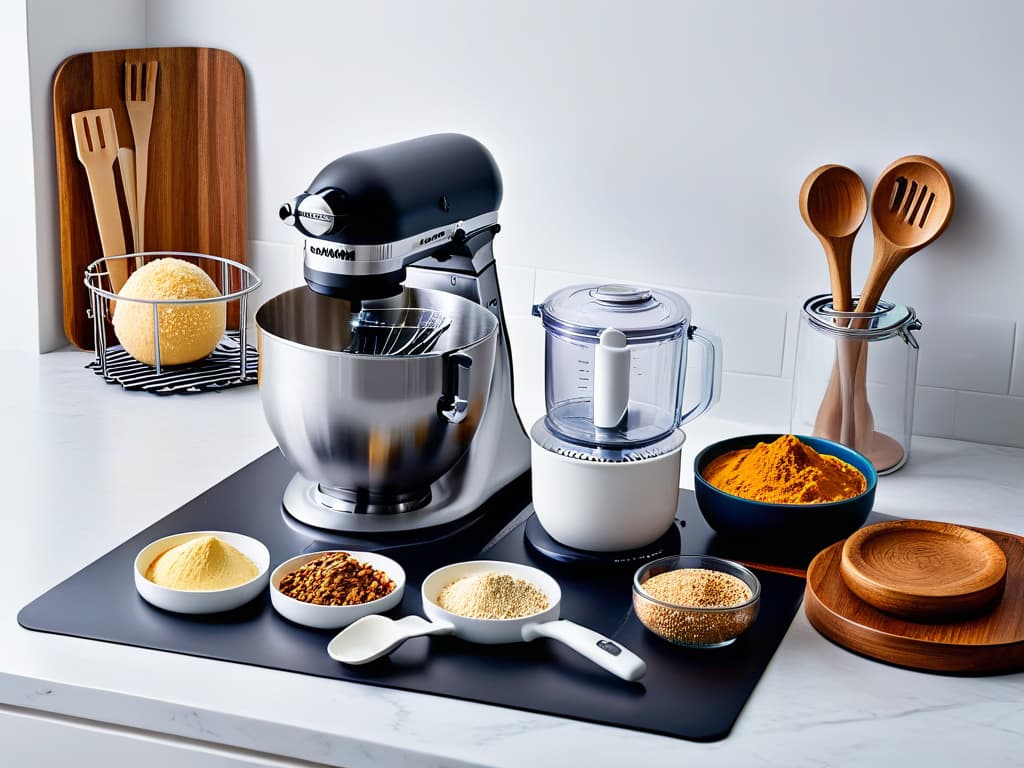  An ultradetailed 8k image of a sleek, modern kitchen countertop with an array of highquality, innovative vegan baking tools and equipment laid out in an organized and aesthetically pleasing manner. The tools include a stand mixer, silicone baking mats, a variety of piping tips, a digital food scale, highgrade mixing bowls, and ecofriendly reusable piping bags. The image showcases the essential equipment needed for creating innovative dairyfree vegan desserts, all exuding a sense of professionalism and inspiration through their minimalist design and arrangement. hyperrealistic, full body, detailed clothing, highly detailed, cinematic lighting, stunningly beautiful, intricate, sharp focus, f/1. 8, 85mm, (centered image composition), (professionally color graded), ((bright soft diffused light)), volumetric fog, trending on instagram, trending on tumblr, HDR 4K, 8K