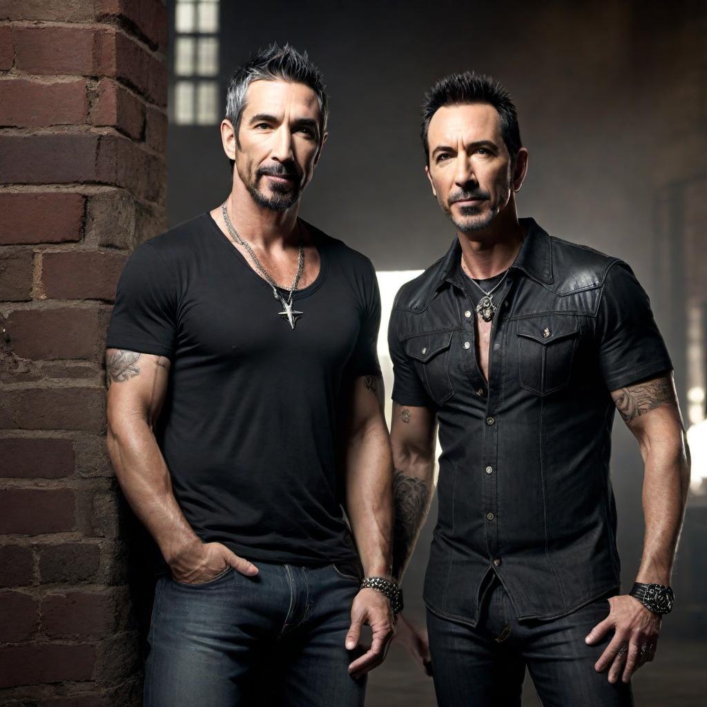  Create an image of the user standing next to Sully Erna, the lead vocalist of Godsmack, in a casual setting. hyperrealistic, full body, detailed clothing, highly detailed, cinematic lighting, stunningly beautiful, intricate, sharp focus, f/1. 8, 85mm, (centered image composition), (professionally color graded), ((bright soft diffused light)), volumetric fog, trending on instagram, trending on tumblr, HDR 4K, 8K