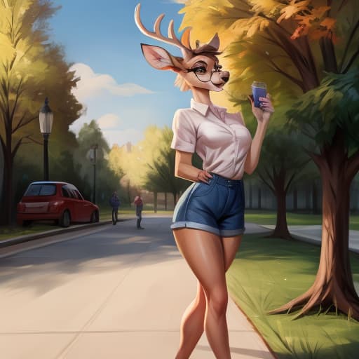  Deer, girl, glasses, johnfoxart, park, best quality, best anatomy, full height, best face, shirt, open eyes, digital art, masterpiece, 4k, fine details,