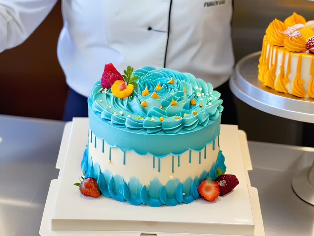  A stunningly detailed and photorealistic image of a professional pastry chef meticulously decorating a multitiered cake with intricate designs using delicate piping techniques. The chef is focused and precise, with an array of colorful frosting bags and edible decorations neatly arranged around them. The background showcases a bustling kitchen filled with stateoftheart baking equipment and shelves stocked with premium ingredients, creating an atmosphere of innovation and creativity in the art of pastry making. hyperrealistic, full body, detailed clothing, highly detailed, cinematic lighting, stunningly beautiful, intricate, sharp focus, f/1. 8, 85mm, (centered image composition), (professionally color graded), ((bright soft diffused light)), volumetric fog, trending on instagram, trending on tumblr, HDR 4K, 8K