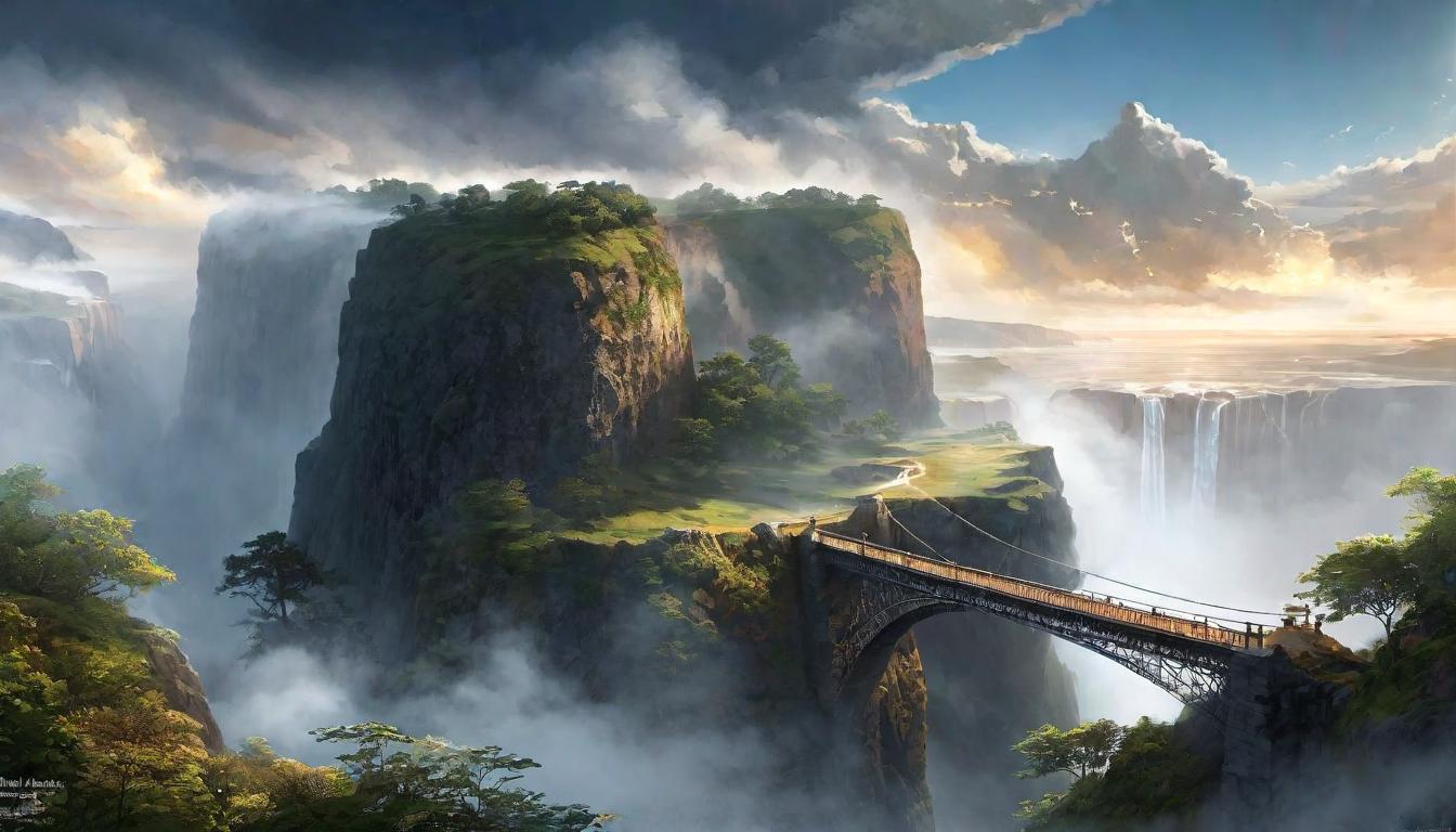  digital illustration, A bridge made of light spanning the gap between two cliffs, below a deep chasm filled with mist, path of understanding, transcendent, looking at viewer, dynamic pose, (intricate details, masterpiece, best quality)