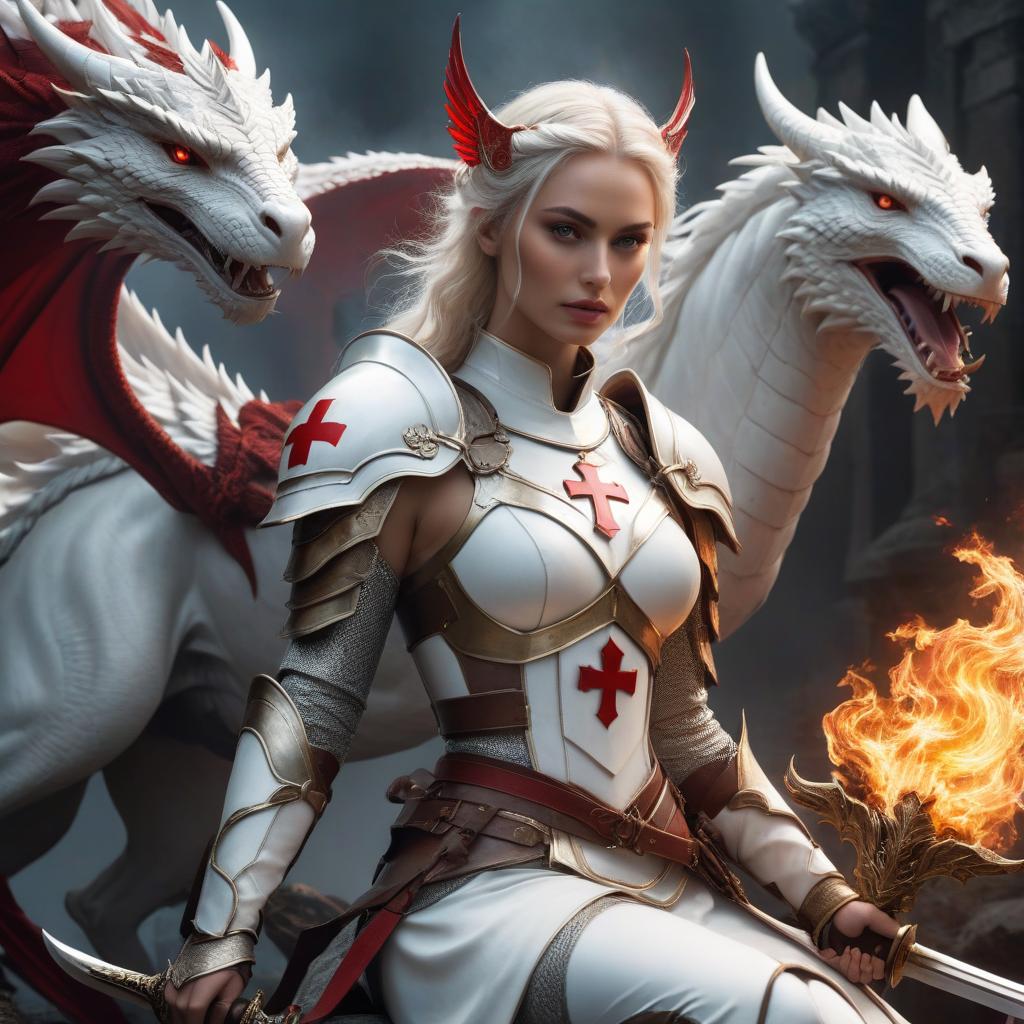  ethereal fantasy concept art of High woman, dressed in light armor, white colored armor, a red cross is depicted on her breastplate. Her face is covered by an iron mask, her hair is white up to her shoulders. She sits on a white dragon. In her right hand she holds a sword, in her left hand she emits a purifying fire. . magnificent, celestial, ethereal, painterly, epic, majestic, magical, fantasy art, cover art, dreamy hyperrealistic, full body, detailed clothing, highly detailed, cinematic lighting, stunningly beautiful, intricate, sharp focus, f/1. 8, 85mm, (centered image composition), (professionally color graded), ((bright soft diffused light)), volumetric fog, trending on instagram, trending on tumblr, HDR 4K, 8K