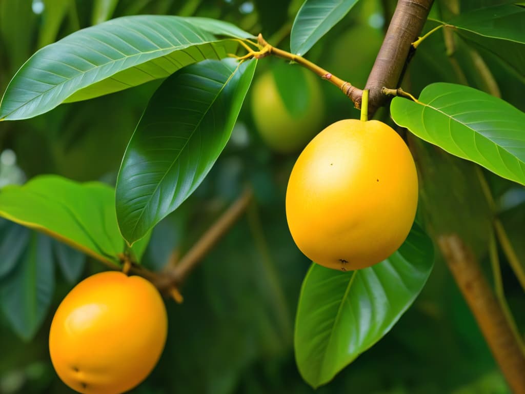  A vibrant and detailed closeup image of ripe mangoes, with their golden yellow skin showcasing intricate textures and patterns, set against a lush green tropical leaf background. The sunlight filtering through the leaves creates a play of light and shadow on the mangoes, highlighting their juicy freshness and natural beauty. hyperrealistic, full body, detailed clothing, highly detailed, cinematic lighting, stunningly beautiful, intricate, sharp focus, f/1. 8, 85mm, (centered image composition), (professionally color graded), ((bright soft diffused light)), volumetric fog, trending on instagram, trending on tumblr, HDR 4K, 8K