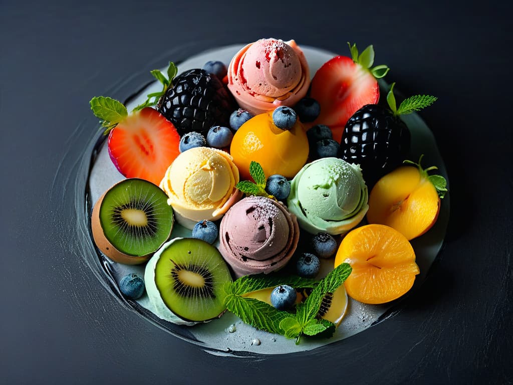  A minimalist, highly detailed image of a variety of colorful homemade healthy ice cream scoops arranged in a perfect circle on a sleek, matte black granite surface. Each scoop is impeccably styled with fresh fruit slices, mint leaves, and a sprinkle of nuts, with a soft ambient light casting gentle shadows that highlight the textures and vibrant colors of the ingredients. The composition is symmetrical and visually striking, capturing the essence of gourmet healthy ice cream creations. hyperrealistic, full body, detailed clothing, highly detailed, cinematic lighting, stunningly beautiful, intricate, sharp focus, f/1. 8, 85mm, (centered image composition), (professionally color graded), ((bright soft diffused light)), volumetric fog, trending on instagram, trending on tumblr, HDR 4K, 8K