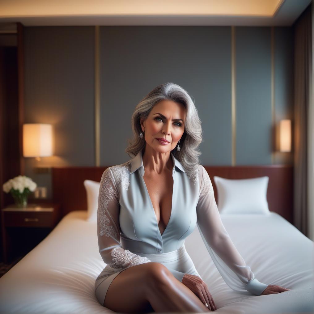  very beautiful mature woman sitting on a hotel bed hyperrealistic, full body, detailed clothing, highly detailed, cinematic lighting, stunningly beautiful, intricate, sharp focus, f/1. 8, 85mm, (centered image composition), (professionally color graded), ((bright soft diffused light)), volumetric fog, trending on instagram, trending on tumblr, HDR 4K, 8K