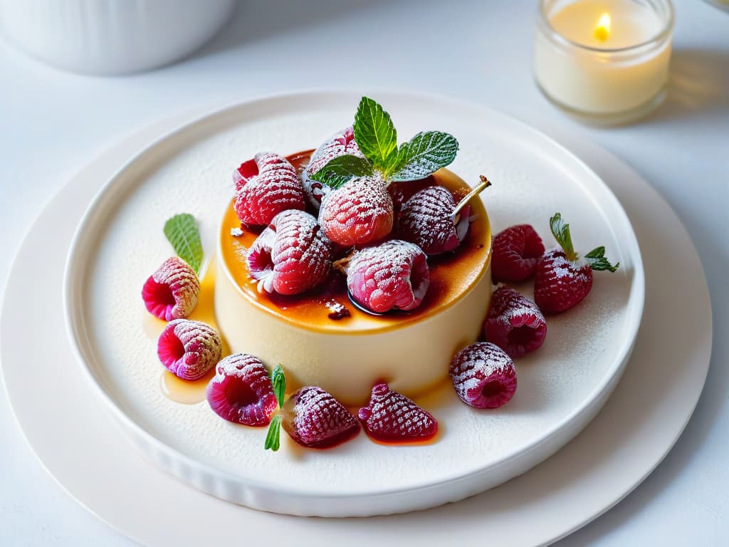  An ultradetailed closeup image of a delicate, perfectly caramelized crème brûlée topped with fresh raspberries and a mint leaf, set on a sleek, modern white plate. The caramelized sugar topping glistens under a warm, soft light, creating a visually stunning contrast against the rich, creamy custard. The raspberries appear plump and vibrant, adding a pop of color to the elegant dessert presentation. The setting is minimalist, with clean lines and a focus on the exquisite details of the dessert, embodying the essence of modern, healthy indulgence with alternative sweeteners. hyperrealistic, full body, detailed clothing, highly detailed, cinematic lighting, stunningly beautiful, intricate, sharp focus, f/1. 8, 85mm, (centered image composition), (professionally color graded), ((bright soft diffused light)), volumetric fog, trending on instagram, trending on tumblr, HDR 4K, 8K