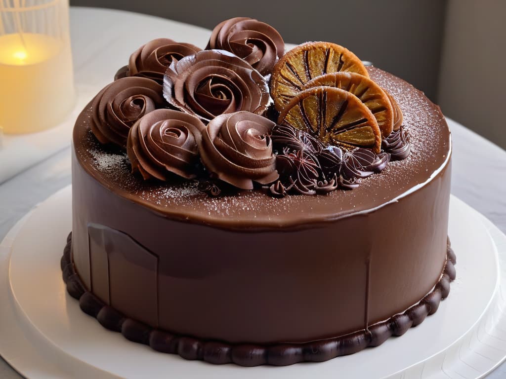  A closeup, ultradetailed image of rich, glossy chocolate ganache being drizzled elegantly over a decadent triplelayer chocolate cake. The ganache is thick and luxurious, cascading smoothly down the sides of the cake, creating a mesmerizing pattern of dark chocolate swirls. The cake is perfectly frosted, with delicate chocolate shavings dusted on top, adding a touch of sophistication to this indulgent dessert masterpiece. The lighting is soft, highlighting the glossy texture of the ganache and the intricate details of the cake layers. hyperrealistic, full body, detailed clothing, highly detailed, cinematic lighting, stunningly beautiful, intricate, sharp focus, f/1. 8, 85mm, (centered image composition), (professionally color graded), ((bright soft diffused light)), volumetric fog, trending on instagram, trending on tumblr, HDR 4K, 8K