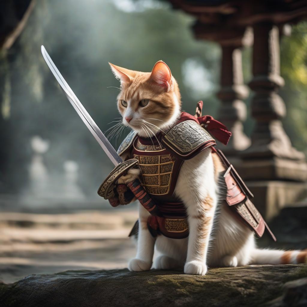  cinematic film still An adult short haired ginger and white cat in samurai armor and with a katana sword at its feet. . shallow depth of field, vignette, highly detailed, high budget, bokeh, cinemascope, moody, epic, gorgeous, film grain, grainy hyperrealistic, full body, detailed clothing, highly detailed, cinematic lighting, stunningly beautiful, intricate, sharp focus, f/1. 8, 85mm, (centered image composition), (professionally color graded), ((bright soft diffused light)), volumetric fog, trending on instagram, trending on tumblr, HDR 4K, 8K