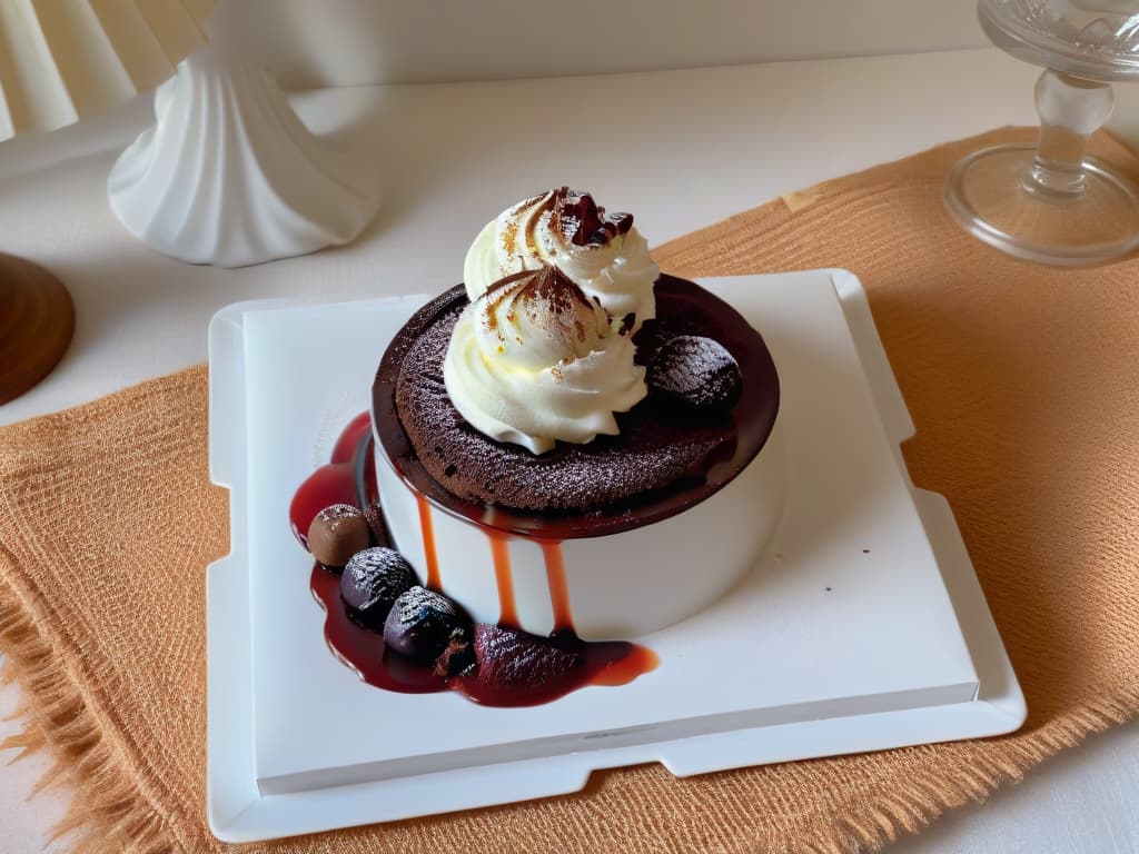  An ultradetailed image of a sleek, modern wine glass filled with a rich, deep red wine, placed next to an elegant dessert plate featuring a decadent chocolate lava cake topped with a perfect scoop of vanilla ice cream. The background is a subtle gradient of warm tones, emphasizing the luxurious and sophisticated aspect of wine and dessert pairing. hyperrealistic, full body, detailed clothing, highly detailed, cinematic lighting, stunningly beautiful, intricate, sharp focus, f/1. 8, 85mm, (centered image composition), (professionally color graded), ((bright soft diffused light)), volumetric fog, trending on instagram, trending on tumblr, HDR 4K, 8K