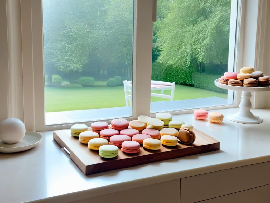  An image of a pristine white kitchen with sleek marble countertops, a minimalist wooden table set with elegant baking tools like a rolling pin, pastry cutter, and mixing bowls. Soft natural light filters in through a large window, casting a gentle glow on a stack of pastelcolored macarons arranged artfully on a cooling rack. The scene exudes a sense of calm and sophistication, inspiring aspiring bakers to create their own culinary masterpieces. hyperrealistic, full body, detailed clothing, highly detailed, cinematic lighting, stunningly beautiful, intricate, sharp focus, f/1. 8, 85mm, (centered image composition), (professionally color graded), ((bright soft diffused light)), volumetric fog, trending on instagram, trending on tumblr, HDR 4K, 8K