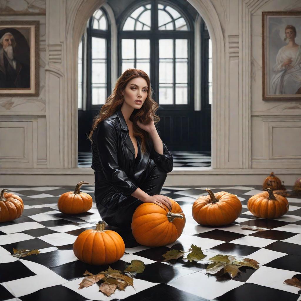  A HUGE PUMPKIN LYING ON A BLACK AND WHITE CHECKERBOARDED FLOOR ON CREATED WHITE DRAPERING., realistic, portrait, art by donato giancola and greg rutkowski, realistic face, digital art, trending on artstation hyperrealistic, full body, detailed clothing, highly detailed, cinematic lighting, stunningly beautiful, intricate, sharp focus, f/1. 8, 85mm, (centered image composition), (professionally color graded), ((bright soft diffused light)), volumetric fog, trending on instagram, trending on tumblr, HDR 4K, 8K