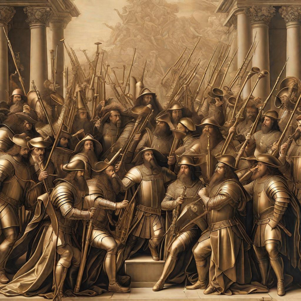  the 7 trumpets of the apocalypse , high quality high detail painting by leonardo da vinci, hd, photorealistic lighting, style leonardo da vinci hyperrealistic, full body, detailed clothing, highly detailed, cinematic lighting, stunningly beautiful, intricate, sharp focus, f/1. 8, 85mm, (centered image composition), (professionally color graded), ((bright soft diffused light)), volumetric fog, trending on instagram, trending on tumblr, HDR 4K, 8K