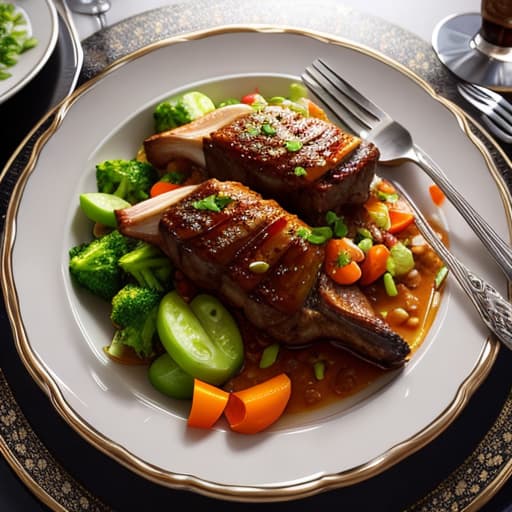  Luxurious lamb shank plate with vegetables hyperrealistic, full body, detailed clothing, highly detailed, cinematic lighting, stunningly beautiful, intricate, sharp focus, f/1. 8, 85mm, (centered image composition), (professionally color graded), ((bright soft diffused light)), volumetric fog, trending on instagram, trending on tumblr, HDR 4K, 8K
