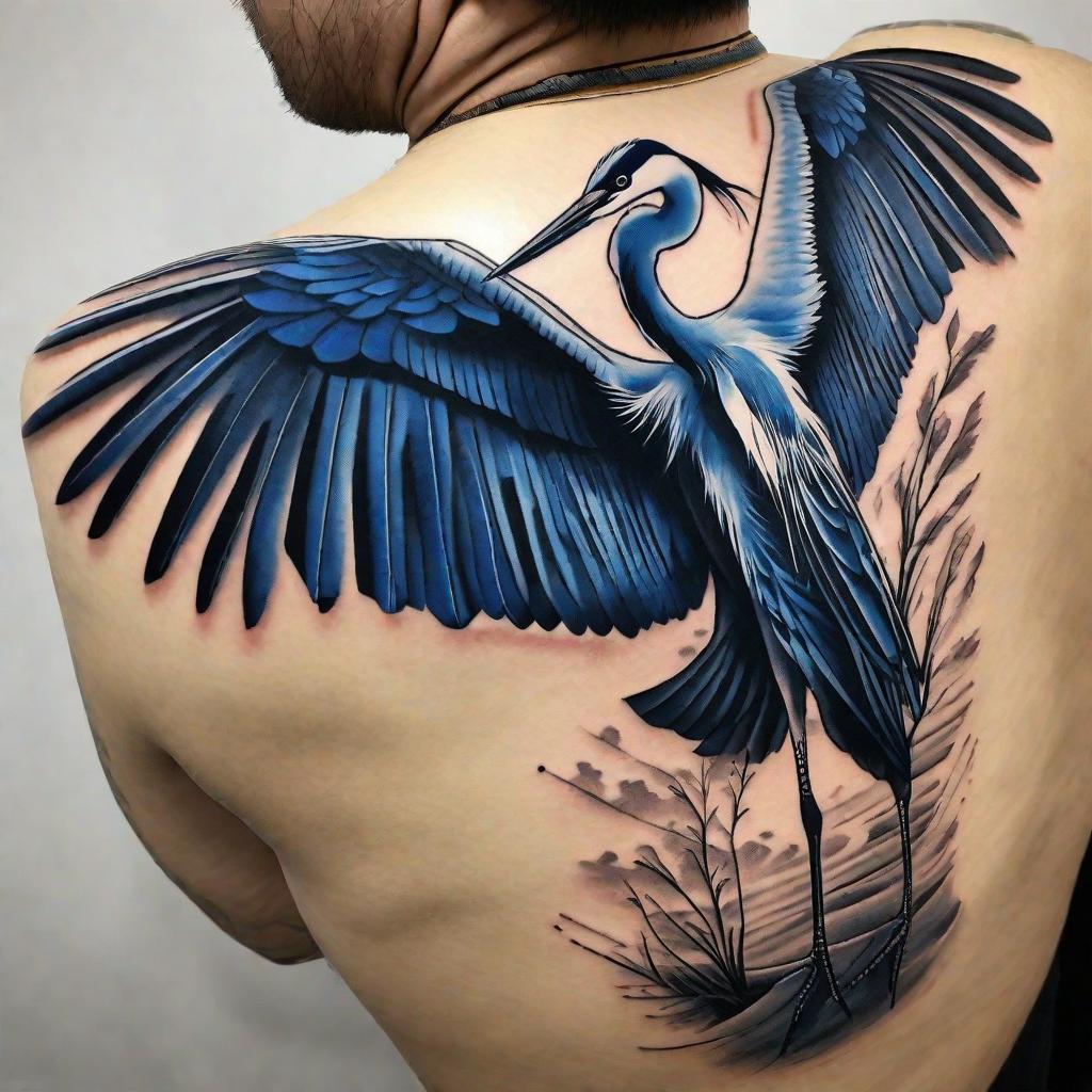  masterpiece, best quality, Black ink half sleeve tattoo of a blue heron. The blue heron's wings wrap around the upper arm and the legs continue onto the back of the forearm.