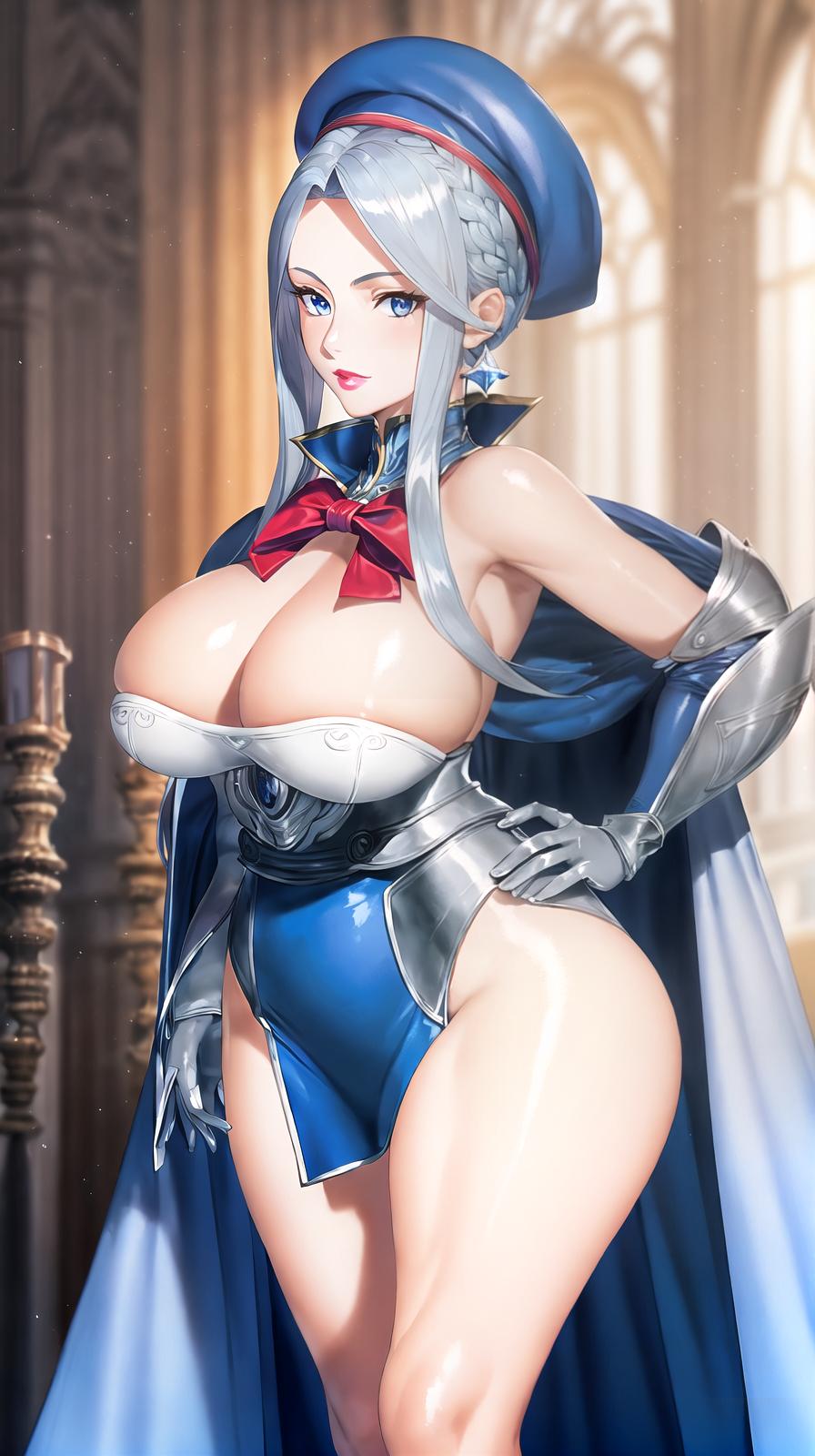  master piece , best quality,Silver blue hair,Beautiful lady, Blue eyes ,id hair,Put on a long cape coat ,Opera gloves, Panniers, Glamour lady,Red glossy lip, lady, sleeveless, Sensual lady , sleeveless sailor suit ,Color leather mini tiered fluffy, beret, ,Knee high boots, Magical , big bow on the 