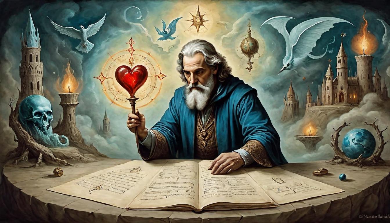  on parchment, surrealism+++, Ritual as heart of power, symphony of control, sorcerer conducting creation(mysterious, provocative, symbolic,muted color)+++