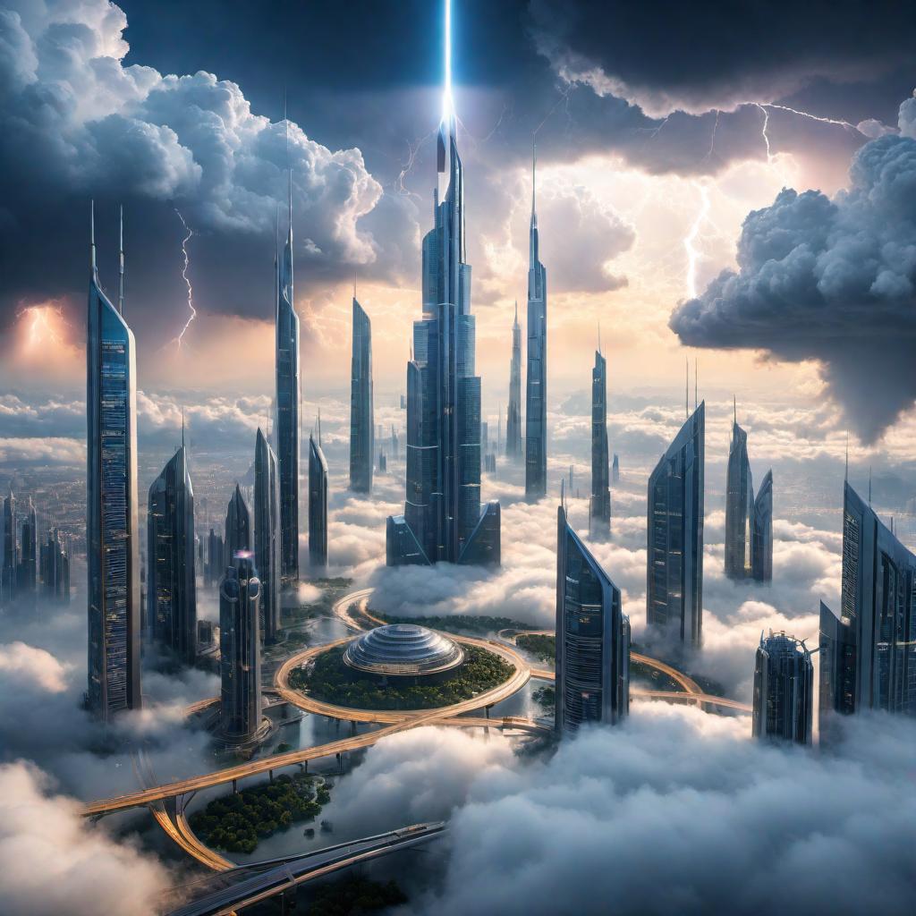  A futuristic floating city in the clouds with advanced buildings suspended above a layer of clouds. The skyline features sleek skyscrapers and interconnected skyways. In the background, dramatic lightning bolts and arcs of electricity light up the sky, creating an energetic and electrifying scene. hyperrealistic, full body, detailed clothing, highly detailed, cinematic lighting, stunningly beautiful, intricate, sharp focus, f/1. 8, 85mm, (centered image composition), (professionally color graded), ((bright soft diffused light)), volumetric fog, trending on instagram, trending on tumblr, HDR 4K, 8K