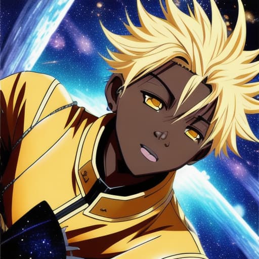  Black male Anime character with golden hair in space