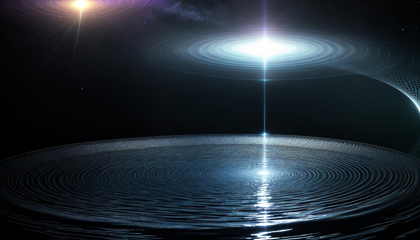  cinematic, aesthetic, Echoing sound waves emanating from a central point, waves depicted as ripples in water, radiating outwards in concentric circles, resonance, impact, social vibrations, 4k, HDR, lens flare