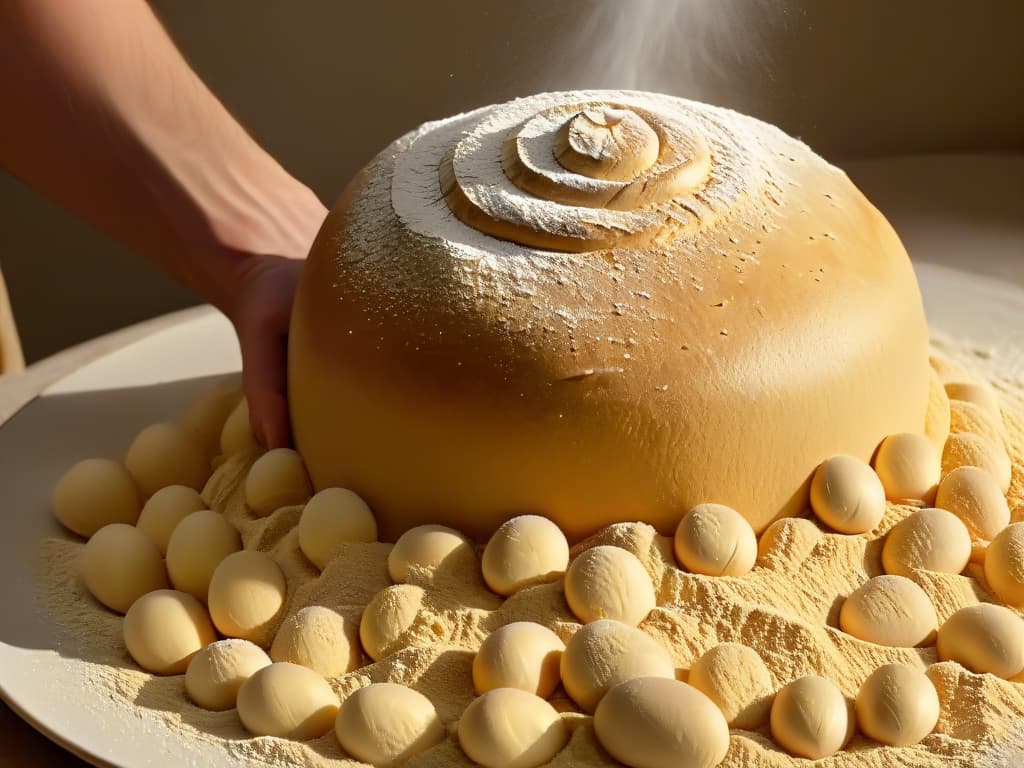  A closeup, photorealistic image of a hand sprinkling fresh yeast over a mound of flour, captured in ultrahigh definition to show the intricate details of the yeast granules and the fine texture of the flour particles. The lighting is soft, casting gentle shadows that highlight the contrast between the light yellow yeast and the pale beige flour, creating a visually captivating and informative visual representation of the essential ingredient for homemade bread baking. hyperrealistic, full body, detailed clothing, highly detailed, cinematic lighting, stunningly beautiful, intricate, sharp focus, f/1. 8, 85mm, (centered image composition), (professionally color graded), ((bright soft diffused light)), volumetric fog, trending on instagram, trending on tumblr, HDR 4K, 8K