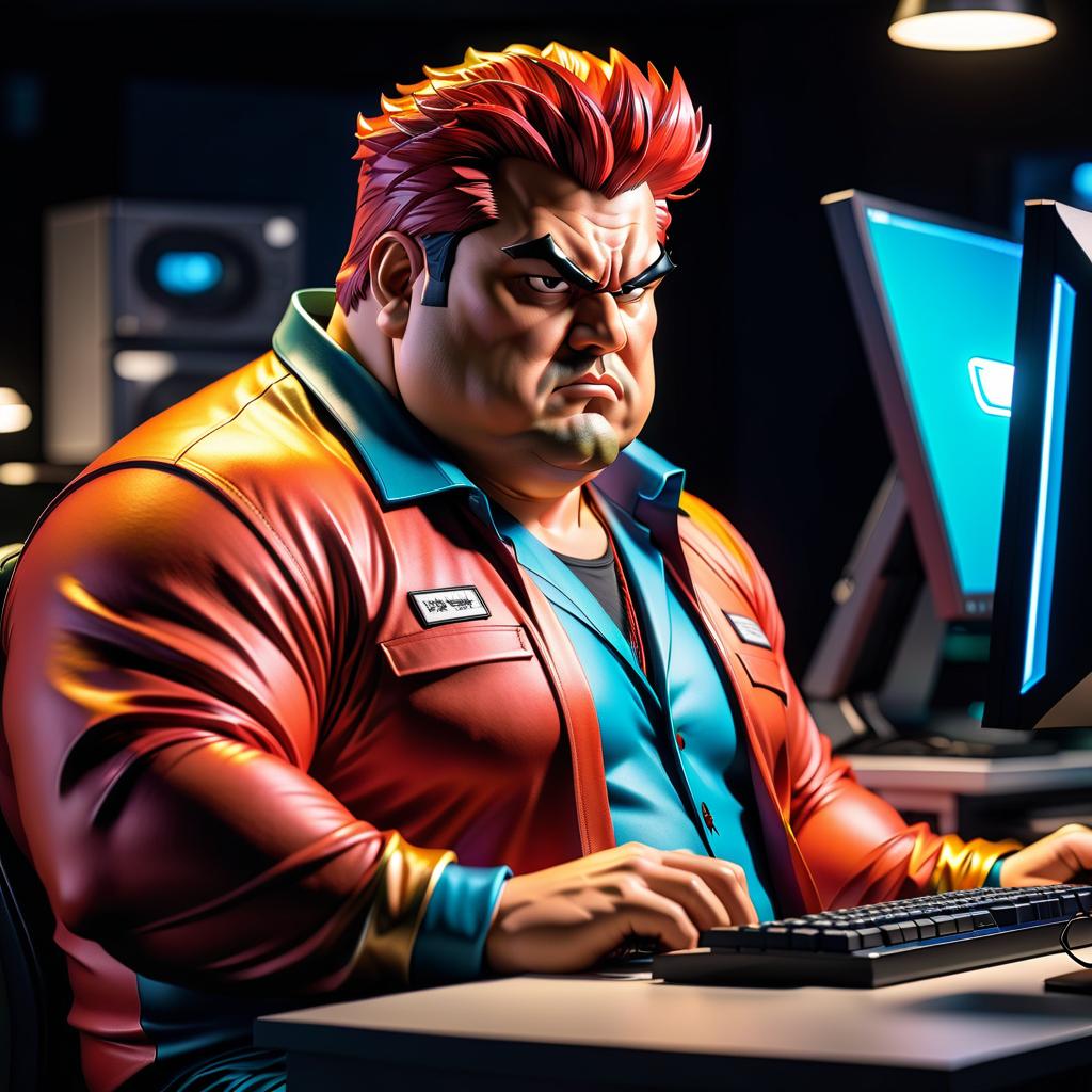  manga style An ugly fat programmer is sitting at a computer . vibrant, high energy, detailed, iconic, Japanese comic style hyperrealistic, full body, detailed clothing, highly detailed, cinematic lighting, stunningly beautiful, intricate, sharp focus, f/1. 8, 85mm, (centered image composition), (professionally color graded), ((bright soft diffused light)), volumetric fog, trending on instagram, trending on tumblr, HDR 4K, 8K