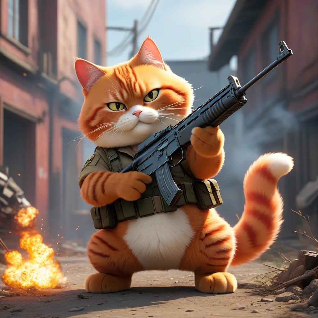  anime artwork A red, fat cat from PUBG with an AK 47 in its paws, explosions in the background. . anime style, key visual, vibrant, studio anime, highly detailed hyperrealistic, full body, detailed clothing, highly detailed, cinematic lighting, stunningly beautiful, intricate, sharp focus, f/1. 8, 85mm, (centered image composition), (professionally color graded), ((bright soft diffused light)), volumetric fog, trending on instagram, trending on tumblr, HDR 4K, 8K