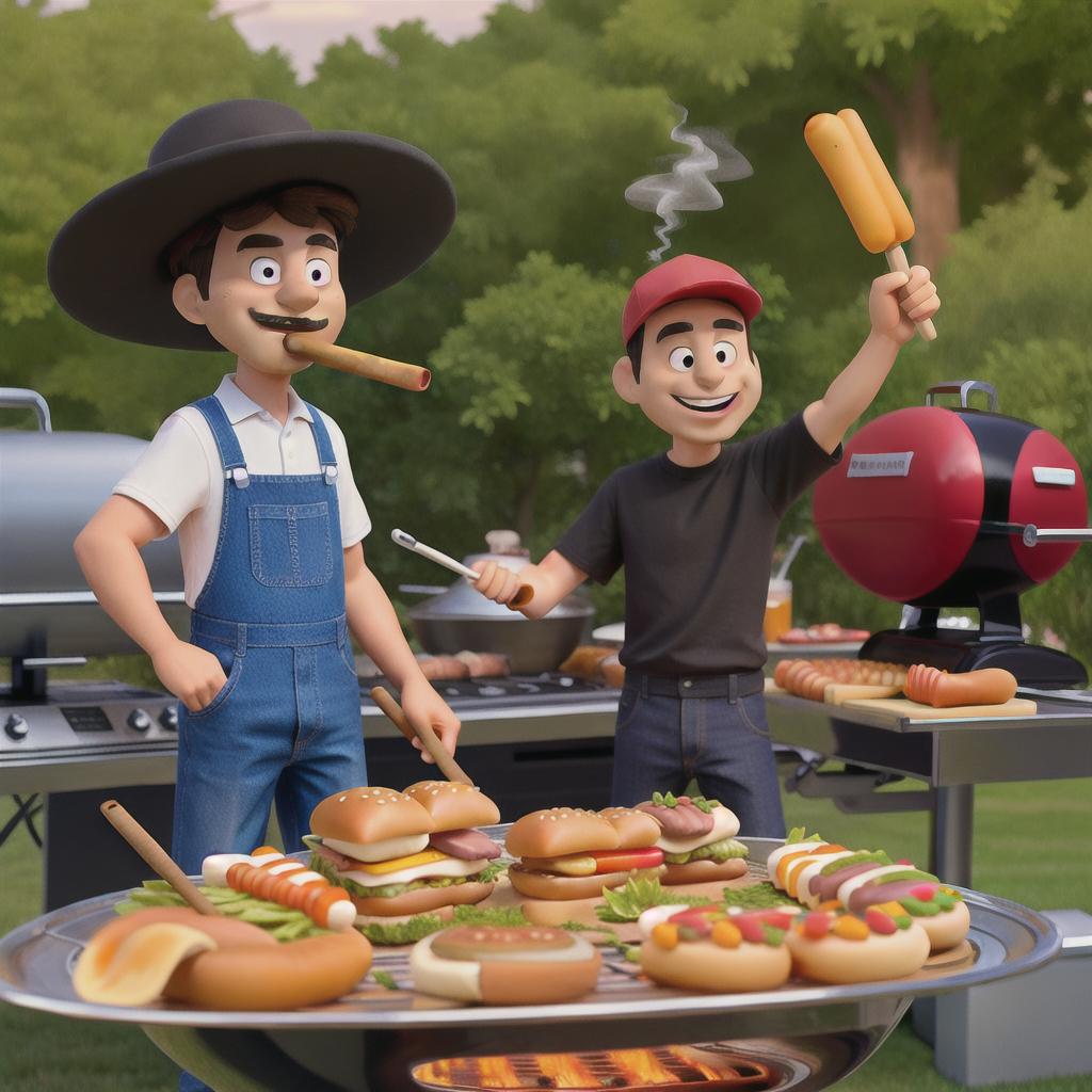  masterpiece, best quality, a cartoon hotdog and hamburger grilling humans and smoking cigars at a bbq party