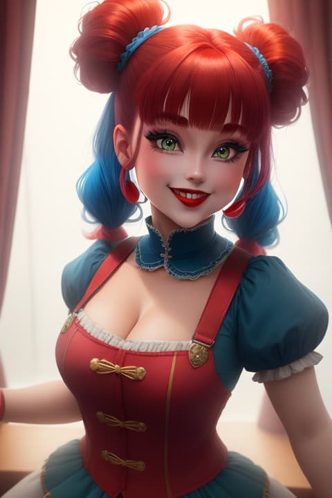  Circus  is a large doll-like animatronic with an overall appearance reminiscent of a clown. Her mouth is open in a wide smile,  small, flat endoskeletal teeth, framed by thin red lipstick. He has bright green eyes, long blue eyelashes, and short blue eyebrows. His cheeks are large, round, and red, and his square nose is red and slightly upturned and pointed, similar to Balloon 's. She has reddish "hair" tied into two pigtails on each side of her head, held in place with blue hair, 1, , detailed eyes, hyperrealistic, full body, highly detailed, cinematic lighting, intricate, sharp focus, f/1. 8, 85mm, (centered image composition), (professionally color graded), ((bright soft diffused light)), volumetric fog, trending 