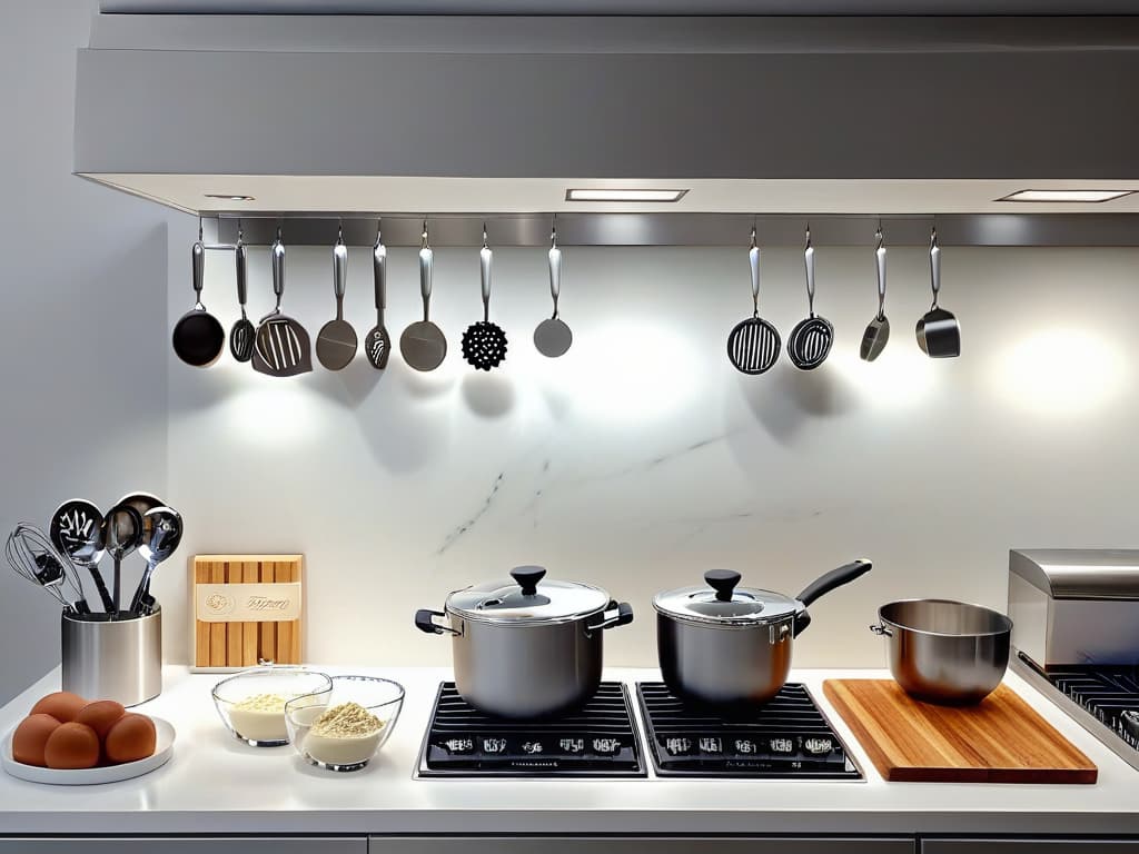  An 8k ultradetailed image of a sleek, modern kitchen with a pristine white marble countertop. On the counter, there is an array of shiny metal baking utensils neatly organized, reflecting the soft glow of the overhead recessed lights. The utensils include a whisk, measuring cups, pastry cutter, and a rolling pin, all exuding a sense of professional elegance and precision in their design. hyperrealistic, full body, detailed clothing, highly detailed, cinematic lighting, stunningly beautiful, intricate, sharp focus, f/1. 8, 85mm, (centered image composition), (professionally color graded), ((bright soft diffused light)), volumetric fog, trending on instagram, trending on tumblr, HDR 4K, 8K