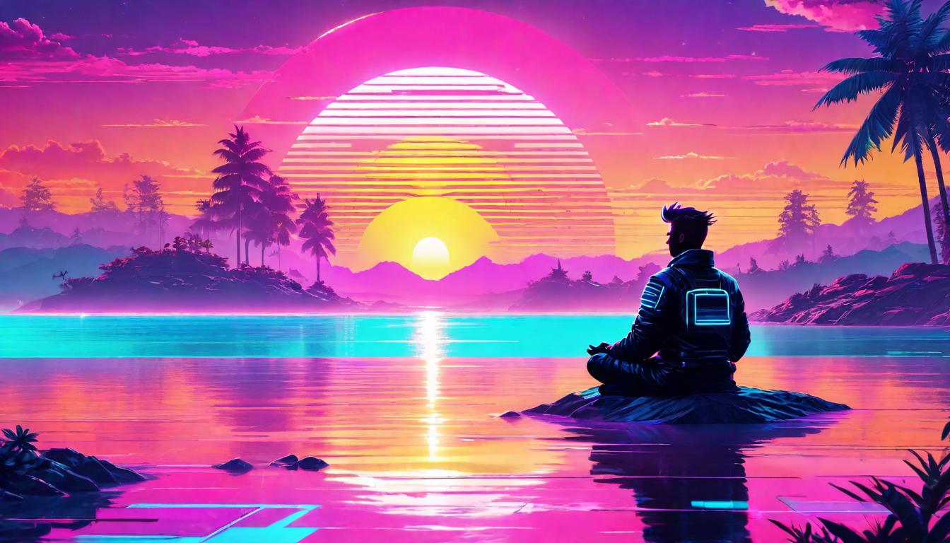  vaporwave,cyberpunk game style A sunrise over a peaceful lake, a single figure meditating on the shore. Dawn of self care, Serenity embraced, Solitude for rejuvenation, Tranquil mindfulness.eon, dystopian, futuristic, digital, vibrant, detailed, high contrast, reminiscent of cyberpunk genre video games,retro aesthetic, cyberpunk, vibrant, neon colors, vintage 80s and 90s style, highly detailed