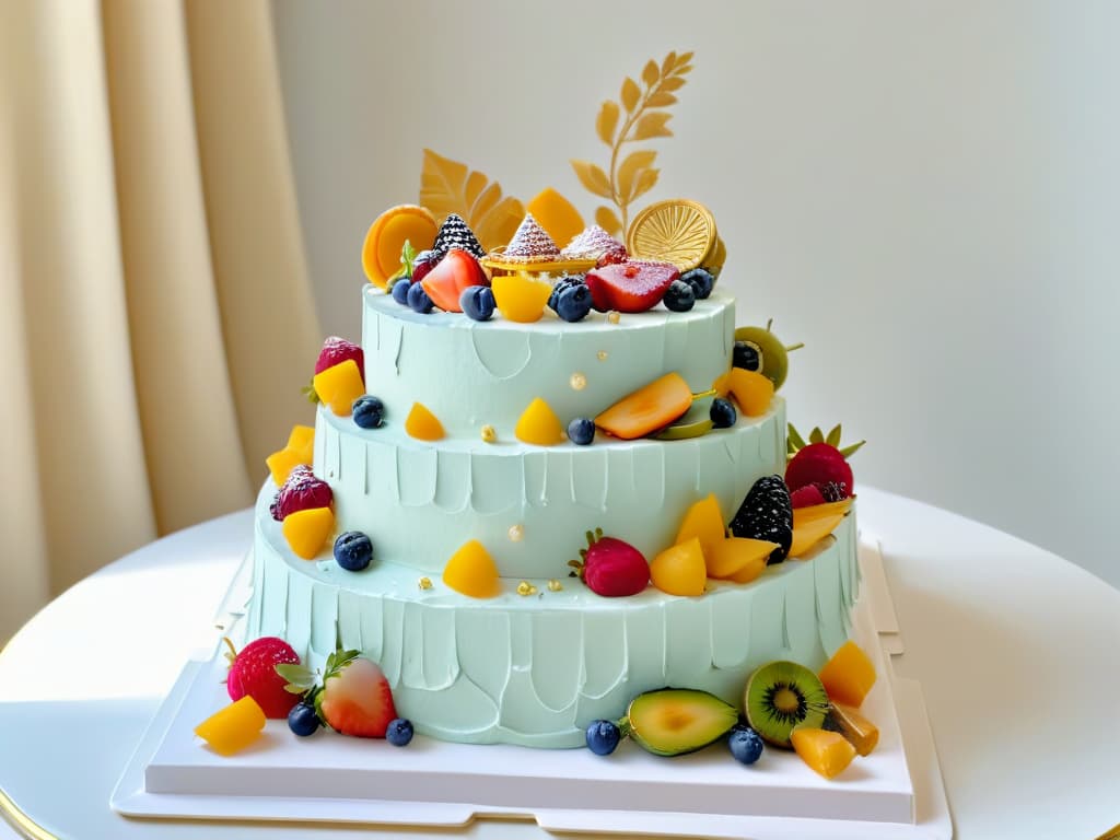  A minimalistic yet highly detailed image of a lavish, ornate cake displayed on a gilded serving tray, surrounded by delicate pastries and sugared fruits. The cake is intricately decorated with detailed icing, edible gold leaf, and fresh flowers, exuding an air of opulence and extravagance fit for the royal court of Versailles. The color palette is soft and elegant, featuring pastel tones and shimmering accents that create a visually stunning and luxurious composition. hyperrealistic, full body, detailed clothing, highly detailed, cinematic lighting, stunningly beautiful, intricate, sharp focus, f/1. 8, 85mm, (centered image composition), (professionally color graded), ((bright soft diffused light)), volumetric fog, trending on instagram, trending on tumblr, HDR 4K, 8K