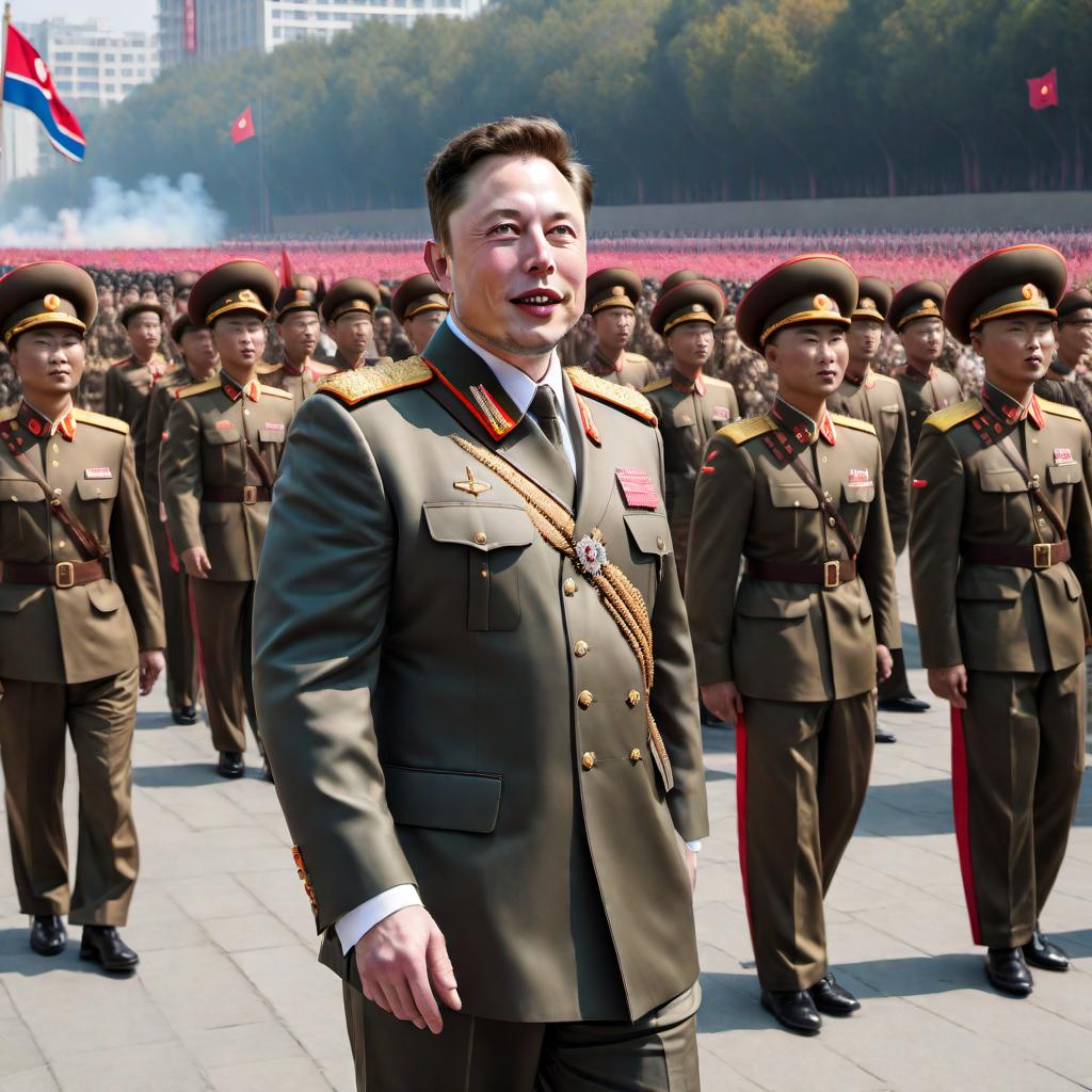  Elon Musk as the leader of North Korea, dressed in a traditional North Korean military uniform, waving to a crowd during a military parade. The image should realistically integrate Elon Musk's features and dress him appropriately for the event, depicting him surrounded by North Korean military officials, soldiers, flags, and banners typical of a North Korean military parade. hyperrealistic, full body, detailed clothing, highly detailed, cinematic lighting, stunningly beautiful, intricate, sharp focus, f/1. 8, 85mm, (centered image composition), (professionally color graded), ((bright soft diffused light)), volumetric fog, trending on instagram, trending on tumblr, HDR 4K, 8K