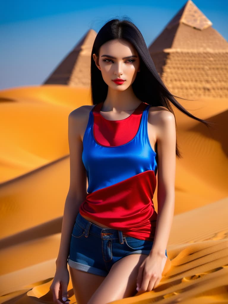  face in focus,beautiful makeup, ordinary hairstyle,long black hair,beautiful 18-year-,slim,European appearance,in a red tank top,in a very short silk blue ,face in focus,detailed skin,clear focus,desert.yellow sand,pyramids , high contrast ,high color saturation,4k