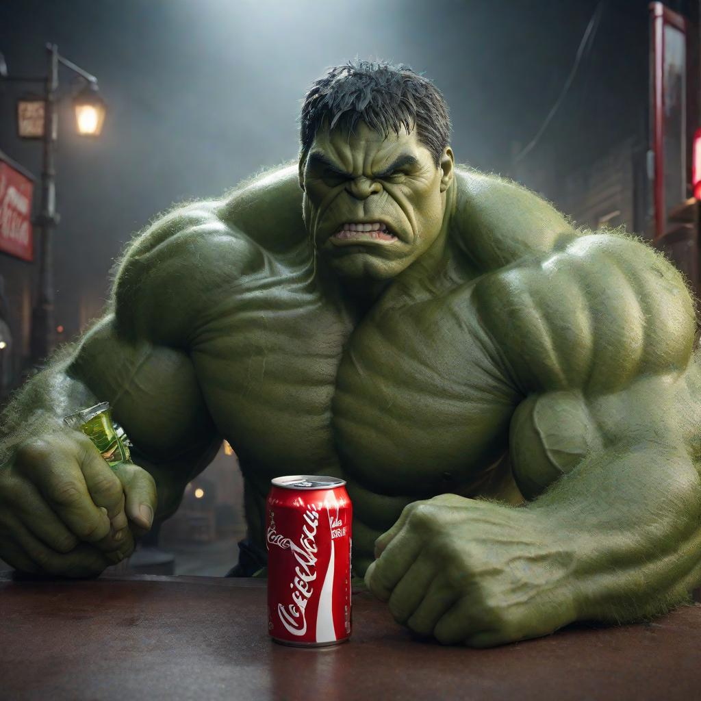  cinematic hulk drinking the coca-cola, cute, hyper detail, full HD hyperrealistic, full body, detailed clothing, highly detailed, cinematic lighting, stunningly beautiful, intricate, sharp focus, f/1. 8, 85mm, (centered image composition), (professionally color graded), ((bright soft diffused light)), volumetric fog, trending on instagram, trending on tumblr, HDR 4K, 8K