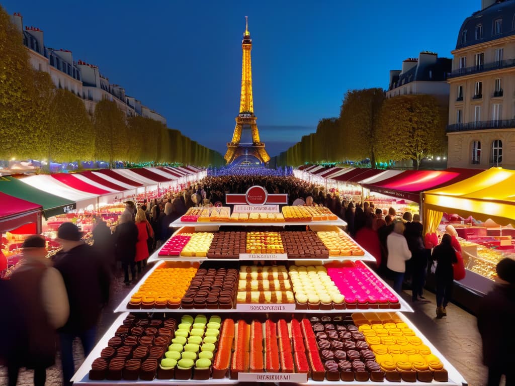  An ultradetailed, 8k image of a vibrant and bustling dessert festival in Paris, France. The scene captures a diverse array of people joyfully sampling colorful macarons, decadent pastries, and delicate chocolates from elegant stalls adorned with twinkling fairy lights. In the background, the Eiffel Tower looms majestically, adding a touch of iconic charm to the festive atmosphere. The image conveys a sense of indulgence, culture, and international culinary delights, perfectly encapsulating the essence of international dessert festivals in 2021. hyperrealistic, full body, detailed clothing, highly detailed, cinematic lighting, stunningly beautiful, intricate, sharp focus, f/1. 8, 85mm, (centered image composition), (professionally color graded), ((bright soft diffused light)), volumetric fog, trending on instagram, trending on tumblr, HDR 4K, 8K