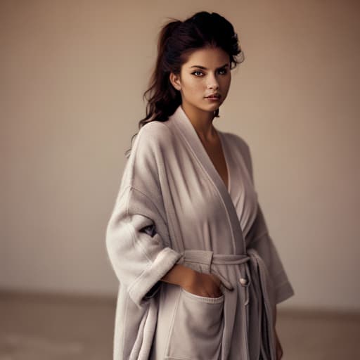 portrait+ style woman wearing a robe without anything else against girl wearing a robe without anything else