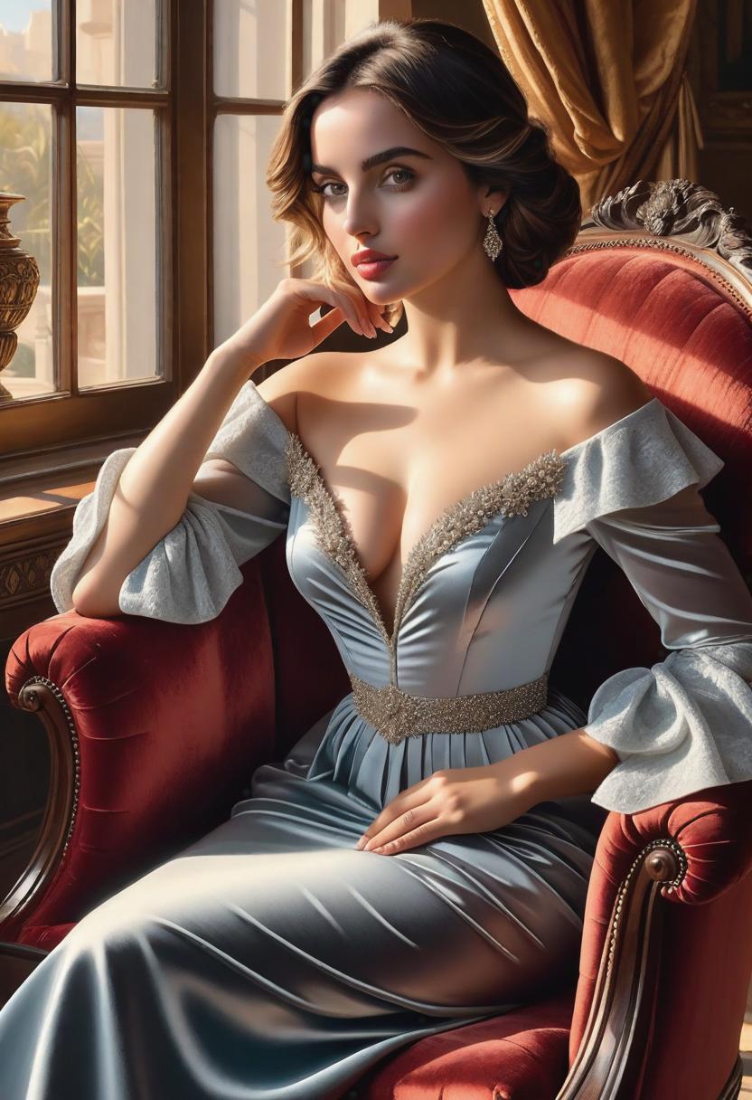  1. Ana De Armas sitting elegantly on a luxurious velvet armchair, basking in warm sunlight streaming through a grand window, with a serene expression on her face. Soft, natural lighting, capturing the subtle details of her perfect features and emphasizing the depth of shadows, paying homage to classical portraiture. Realism, elegance, and grace.

2. Ana De Armas walking through an enchanting garden, surrounded by vibrant flowers and delicate butterflies flitting around her, as the golden rays of the setting sun cast a warm glow upon her radiant visage. Realism meets a fairytale-like atmosphere, with a touch of surrealism, creating a dreamy and ethereal portrait.

3. Ana De Armas engaged in an intense scene, bathed in dramatic chiaroscuro li hyperrealistic, full body, detailed clothing, highly detailed, cinematic lighting, stunningly beautiful, intricate, sharp focus, f/1. 8, 85mm, (centered image composition), (professionally color graded), ((bright soft diffused light)), volumetric fog, trending on instagram, trending on tumblr, HDR 4K, 8K