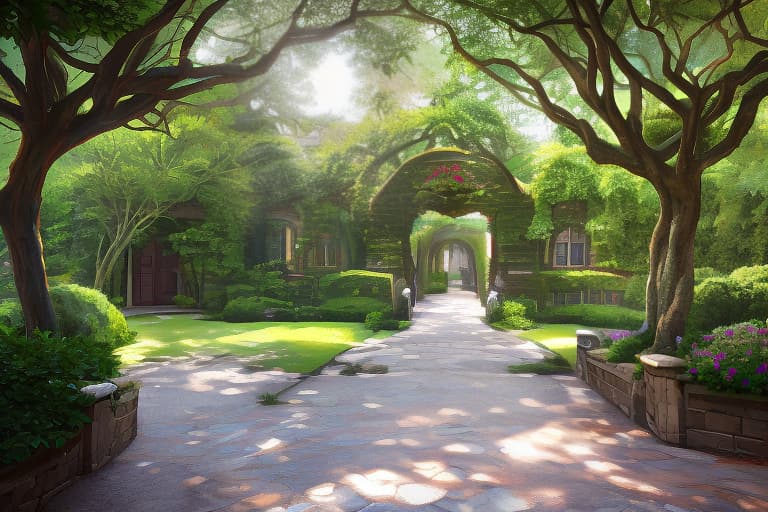  The entrance location is a spacious courtyard before the manor, surrounded by tall trees and bushes. There are always large metal gates open. hyperrealistic, full body, detailed clothing, highly detailed, cinematic lighting, stunningly beautiful, intricate, sharp focus, f/1. 8, 85mm, (centered image composition), (professionally color graded), ((bright soft diffused light)), volumetric fog, trending on instagram, trending on tumblr, HDR 4K, 8K