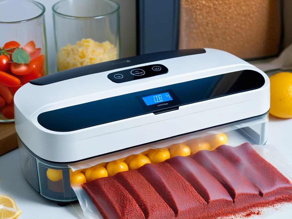  A closeup, ultradetailed image of a sleek, modern vacuum sealer machine in action, sealing a bag filled with colorful ingredients for baking. The machine's shiny surface reflects the vibrant hues of the ingredients, highlighting the precision and efficiency of the vacuum sealing process. The background is blurred, emphasizing the elegance and simplicity of the essential tool for vacuumpacked baking ingredients. hyperrealistic, full body, detailed clothing, highly detailed, cinematic lighting, stunningly beautiful, intricate, sharp focus, f/1. 8, 85mm, (centered image composition), (professionally color graded), ((bright soft diffused light)), volumetric fog, trending on instagram, trending on tumblr, HDR 4K, 8K