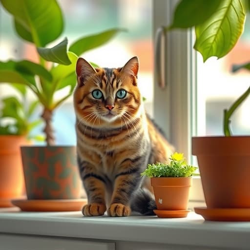  a cute cat sitting on a windowsill with sunlight streaming in, surrounded by potted plants. hyperrealistic, full body, detailed clothing, highly detailed, cinematic lighting, stunningly beautiful, intricate, sharp focus, f/1. 8, 85mm, (centered image composition), (professionally color graded), ((bright soft diffused light)), volumetric fog, trending on instagram, trending on tumblr, HDR 4K, 8K